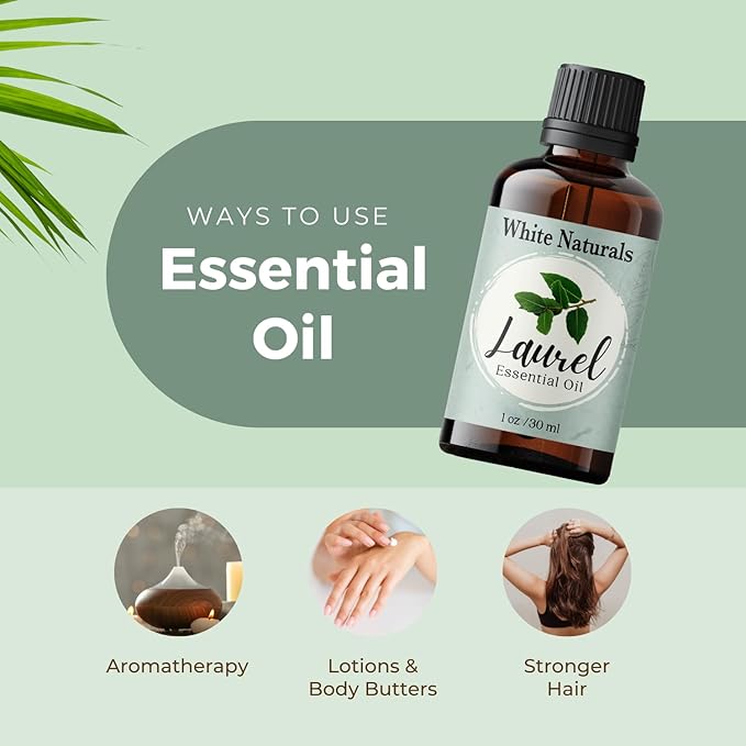 Organic Laurel Leaf Essential Oil, 100% Pure Therapeutic Grade Undiluted Natural/Homeopathic Aromatherapy Scented Bay Essential Oil for Diffuser, Vegan Cruelty-Free 1 oz by White Naturals