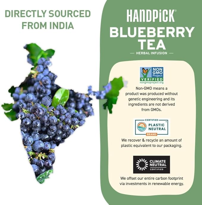HANDPICK, Wild Blueberry Tea Bags (100 Count), True Premium Blueberry Herbal Tea with Hibiscus, Rose & Licorice | Brew Iced/Hot Tea