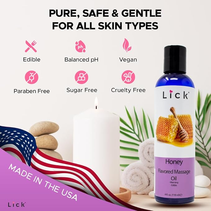 Honey Flavored Massage Oil for Couples – Edible Massaging Lotion with Vitamin E and Sweet Almond and Coconut Oil is Non Sticky and Gentle on Skin – Natural, Relaxing and Vegan Friendly (4 oz)