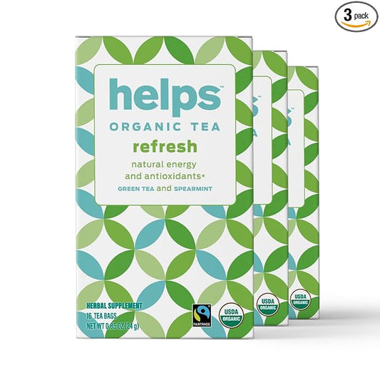 HELPS TEAS | Helps Refresh | Organic Green Tea with Spearmint. Natural Energy, Antioxidant, Slimming And Thermogenic Herbal Tea| 16 Tea Bags - Pack of 3 |