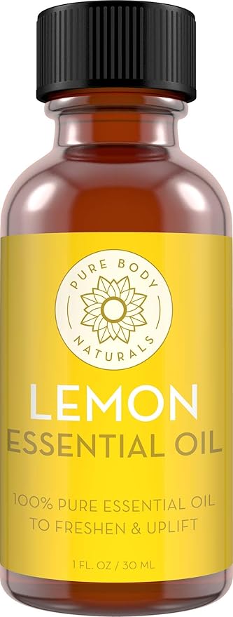 Pure Body Naturals Lemon Essential Oil, 1 fl oz - 100% Pure & Undiluted Lemon Oil for Diffuser and DIY - Natural Deodorizer, Laundry Freshener, Household Cleaner and Degreaser