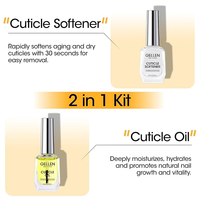 Gellen Cuticle Oil & Softener for Nails, 2 Pcs 18ml Cuticle Remover & Strengthener, Nail Cuticle Protector, 2 in 1 Nail Care Kit for Cuticle Removing & Repairng Manicure Essentials for Gel Nail Polish