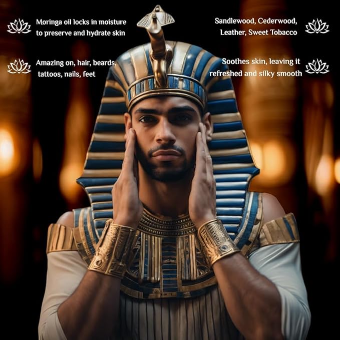 Pharoah - 100% Pure Moringa Oil blended with Leather, and Sweet Tobacco Essential oils and infused with Egyptian Ormus Gold - Pure Moringa Seed oil - Scent of The Nile - 1oz. (30 Ml)