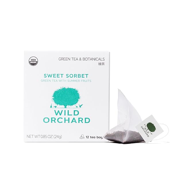 Wild Orchard Regenerative Organic Certified Flavored Green Tea - Sweet Sorbet (12 Tea Bags) - With Juicy Summer Fruits - Regeneratively Cultivated on Jeju Island in South Korea