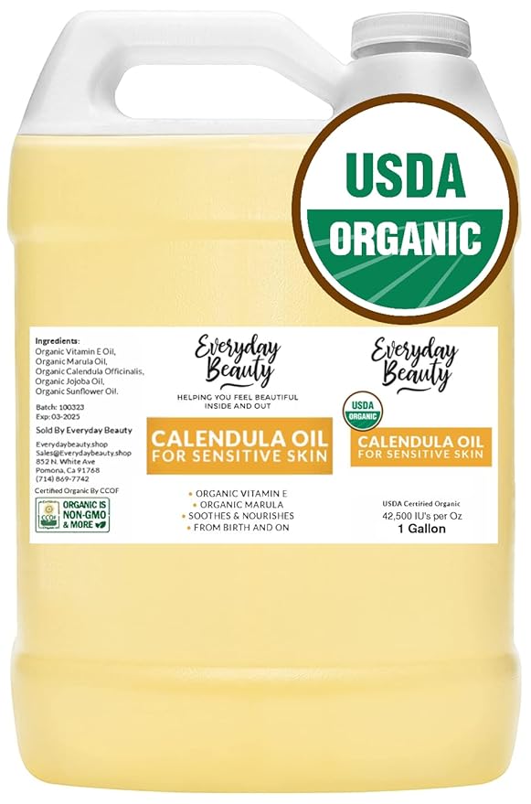 Organic Calendula Oil For Sensitive Skin -Bulk 1 Gallon- USDA Organic Certified 100% All Natural Plant Based, Lightweight & Unscented Gentle Soothing Oil For Sensitive Skin - For Face, Skin & All Over
