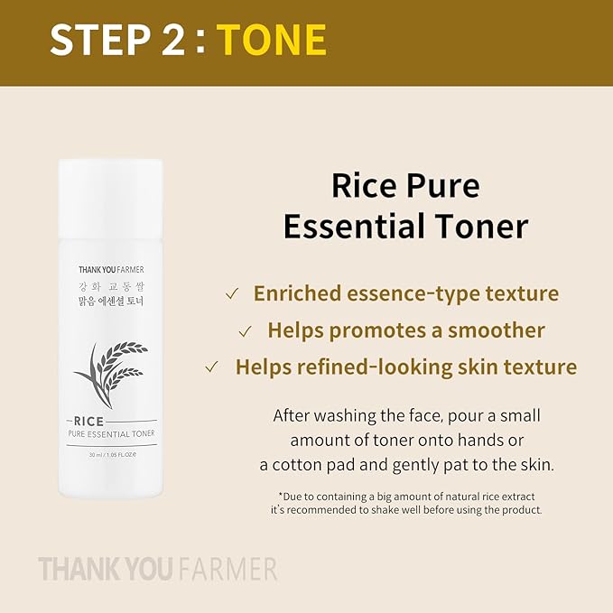 THANKYOU FARMER Rice Pure Glow Travel Kit, Mini Size Cleanser(1.05 fl oz), Mini Size Toner(1.05 fl oz), Mini Size Ampoule(0.35 fl oz)