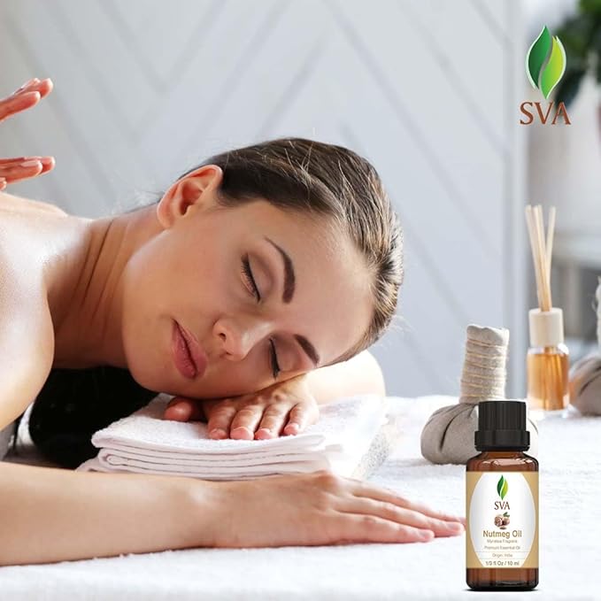SVA Nutmeg Essential Oil – 1/3 Fl Oz – 100% Natural Nutmeg Oil - for Diffuser, Hair Care, Face, Skin Care, Aromatherapy, Scalp and Body Massage, Soap and Candle Making