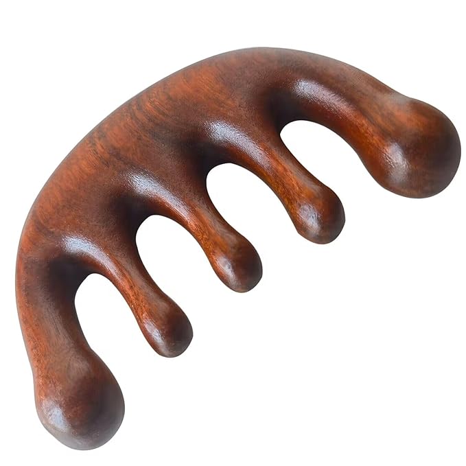 Wooden Massage Comb - 100% Natural Handmade Pure Wood Five-tooth Meridians Scalp Massager - No Static Wide Tooth Comb for Head - Scraping Massage Tool (Plain Style)
