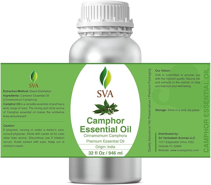 SVA Camphor Essential Oil – 32 Fl Oz – 100% Natural Camphor Oil - for Diffuser, Hair Care, Face, Skin Care, Aromatherapy, Scalp and Body Massage, Soap and Candle Making
