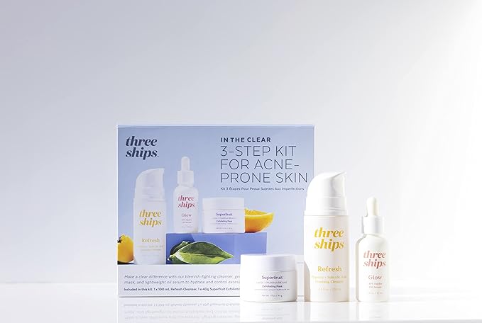 Three Ships In The Clear 3-Step Kit for Blemish-Prone Skin – As Seen on Dragons’ Den – Skin Care Kit with Salicylic Acid Cleanser, Exfoliating Face Mask and Jojoba Oil Facial Serum, 3 Piece Set
