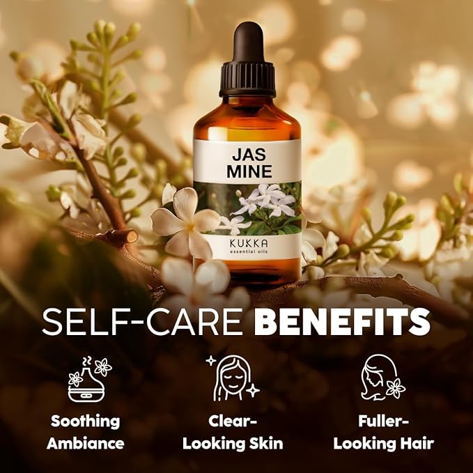 Kukka Jasmine Essential Oil for Diffuser - 4 Fl Oz - 100% Pure Natural Jasmine Oil for Skin, Hair & DIY Soap Making Scents - A Great Relaxing Floral Addition for Hair Care & Perfume
