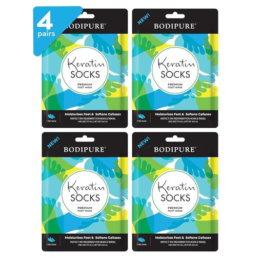 Bodipure PremiumFoot Mask Keratin Socks | at Home Spa Moisturizer Socks for Dry Cracked Feet, Callus & Heel Softening | Easy-to-Use Pedicure Foot Repair | Chemical-Free Feet Treatment | 4 Pairs