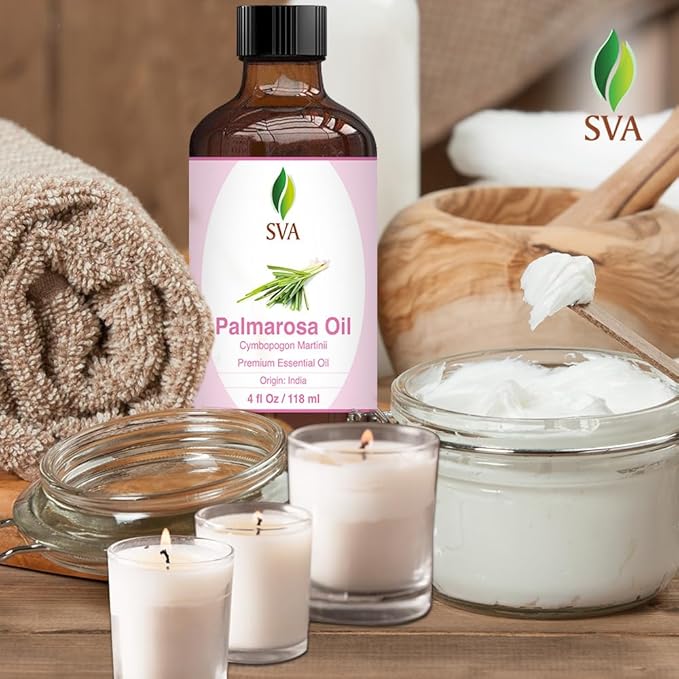 SVA Palmarosa Essential Oil – 4 Fl Oz – 100% Natural Palmarosa Oil - for Diffuser, Hair Care, Face, Skin Care, Aromatherapy, Scalp and Body Massage, Soap and Candle Making – with Dropper