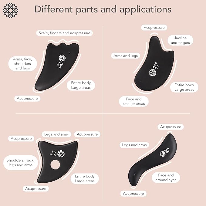 Gua Sha Facial Tools Set of 4 - Large Bian Stone for Face & Body Massage - Glowing Massage Tool & Body Set for Daily Skincare Routine