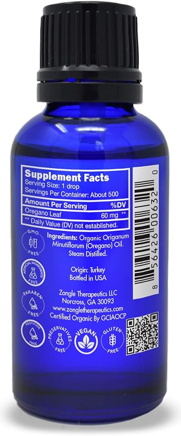 Zongle Therapeutics Organic, Oregano Oil, Food Grade, Safe for Ingestion, Edible, for Drops, Kids – 100% Pure, Oregano Essential Oil, 1 OZ