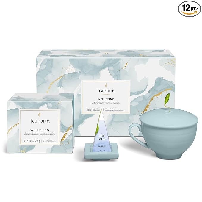 Tea Forte Wellbeing 3-Piece Mother's Day Tea Gift Set with Light Blue Cafe Cup with Lid, Tea Tray and 10 Assorted 2 of Each Variety Organic Handcrafted Pyramid Infuser Tea Bags