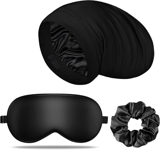 LULUSILK Silk Sleep Mask and Silk Sleep Cap Set, BlackLULUSILK Silk Eye Sleep Mask and Silk Hair Bonnet Set Silk Eye Mask and Silk Bonnet Scrunchie Set