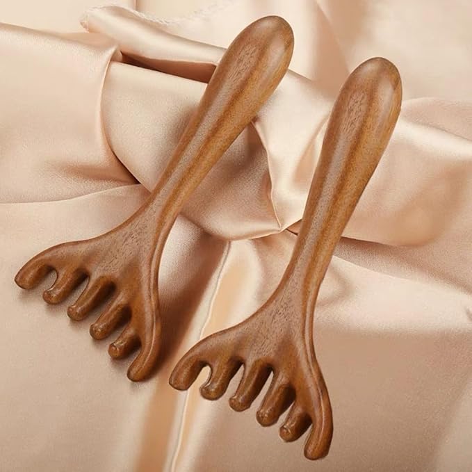 Golden Sandalwood Massager Tool Eye Massage Device Scalp Gua Sha Wooden Comb Forehead Massage Tools with Gift Box (6 Claws)
