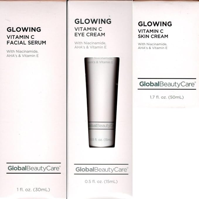 Global Beauty Care Glowing Vitamin C 3 Piece Set with Vitamin C Eye Cream, Vitamin C Skin Cream and Vitamin C Eye Cream with Niacinamide, AHA's & Vitamin E