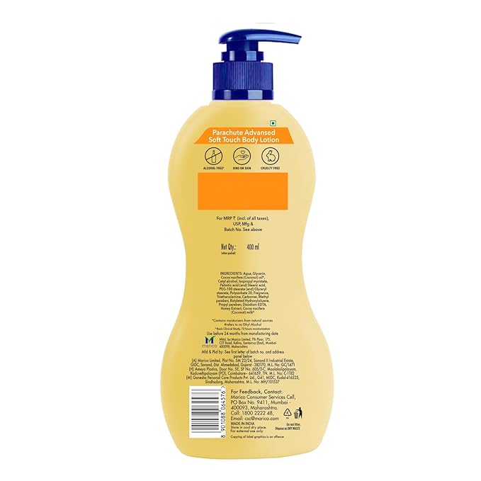 Parachute Advansed Soft Touch Body Lotion with Pure Coconut Milk & Honey |For Women & Men | All Skin types | 100% Natural, 72h Moisturisation | 13.5 Fl.oz. (Pack of 2)