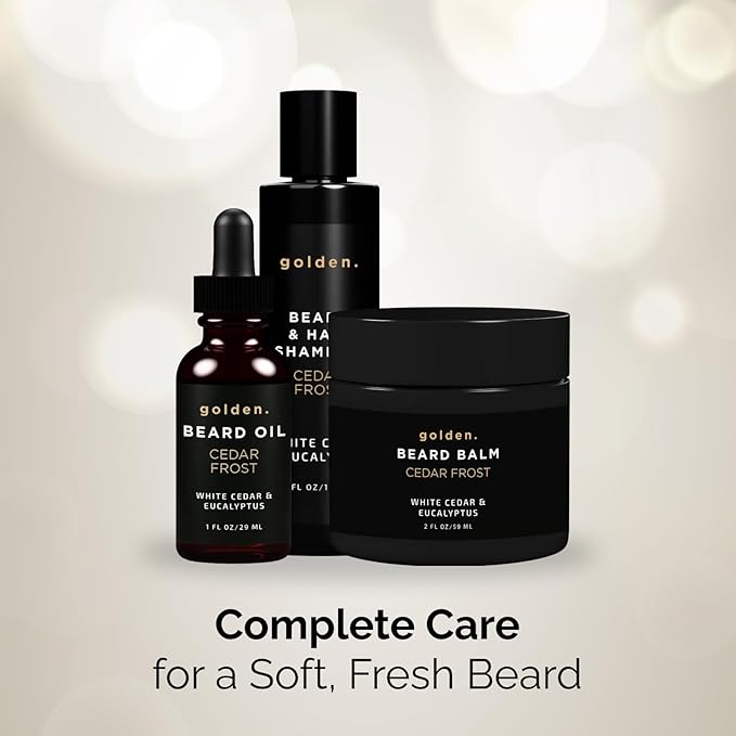 Golden Grooming Co. Everyday Beard Bundle – Complete Beard Care Set | Includes Beard Oil, Balm & Shampoo (Regular, Cedar Frost)