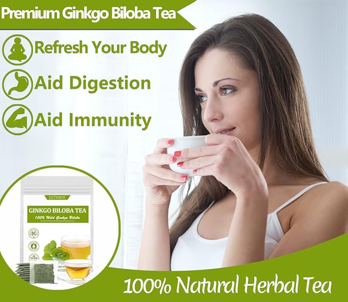 Premium 40 Ginkgo Biloba Tea Bags, Made with 100% Natural Ginkgo Biloba Leaves, No Additives & Caffeine Free.