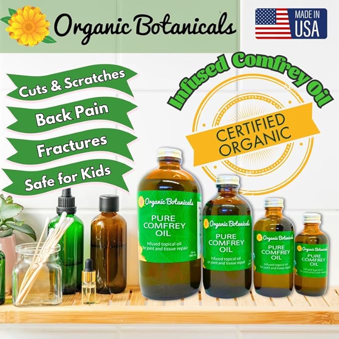 Pure Comfrey Leaf Infused Oil - Skin Care for Joints, Back, Muscles, Fractures, Bruises, and Minor Wounds, Natural Herbal Body Massage Oil, Certified Organic (2 oz)