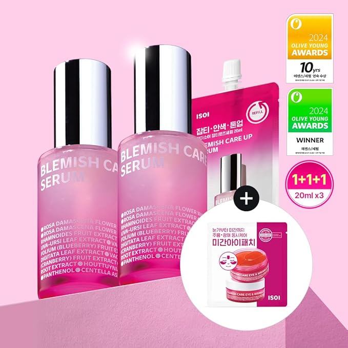 ISOI Blemish Care Up Serum Triple Set, Korean Skin Care for Glass Skin Radiance, Includes 2 Full Size & 1 Refill Serums, Eye & Wrinkle Patch Tester, Daily Hydration Gift Set (2.13 fl. oz)