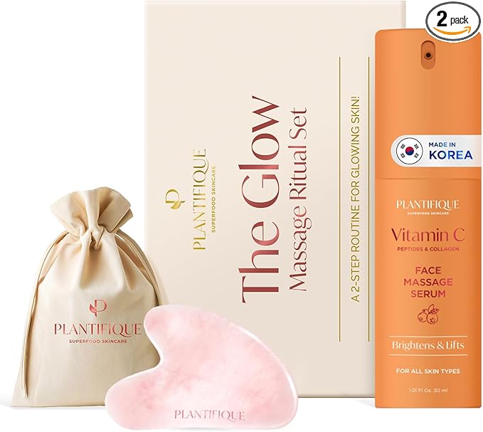 PLANTIFIQUE Massage Ritual Set Premium Certified Rose Quartz Gua Sha + Vitamin C Serum Skin Care Set, Birthday Gifts for Women, Teens, Mom, Brides