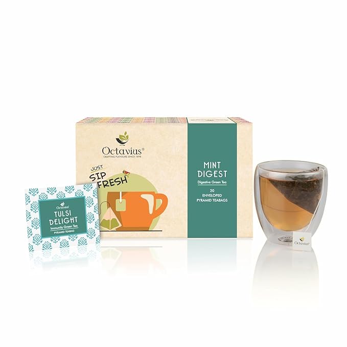 Octavius Mint Digest Digestive Green Tea | Rich in Antioxidants | Refreshing Mint & Green Tea Fusion - 20 Enveloped Pyramid Easy to Use Tea Bags