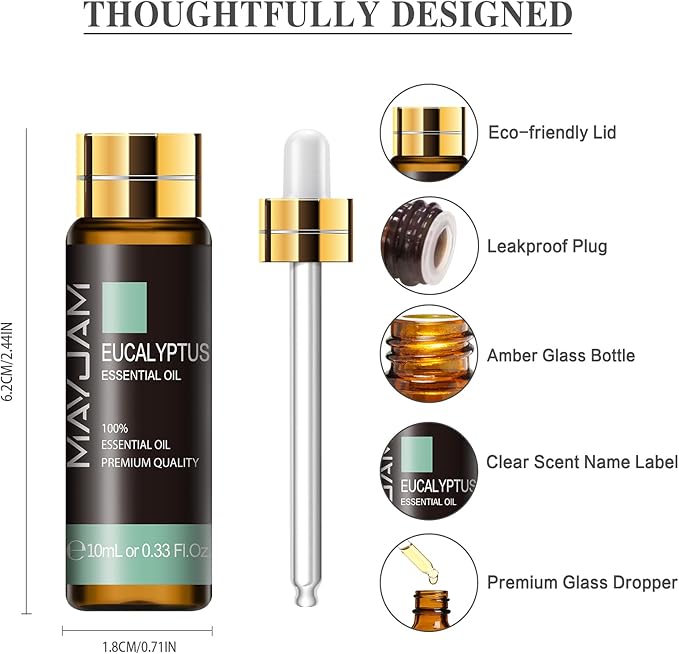 Eucalyptus Essential Oil, MAYJAM 10ML/0.33FL.OZ Premium Eucalyptus Oils for Soap Candle Making, Diffuser, Bedroom, Living Room, Office