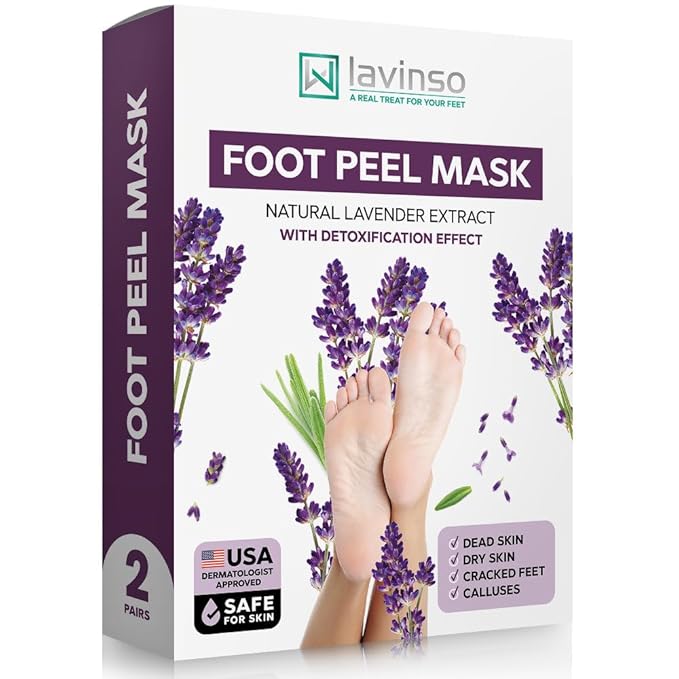 Lavinso Lavender Foot Exfoliator Peeling Mask for Dry Cracked Feet - 2 Pack - Remove Dead Skin and Callus - Foot Peel Mask for Baby Soft Feet