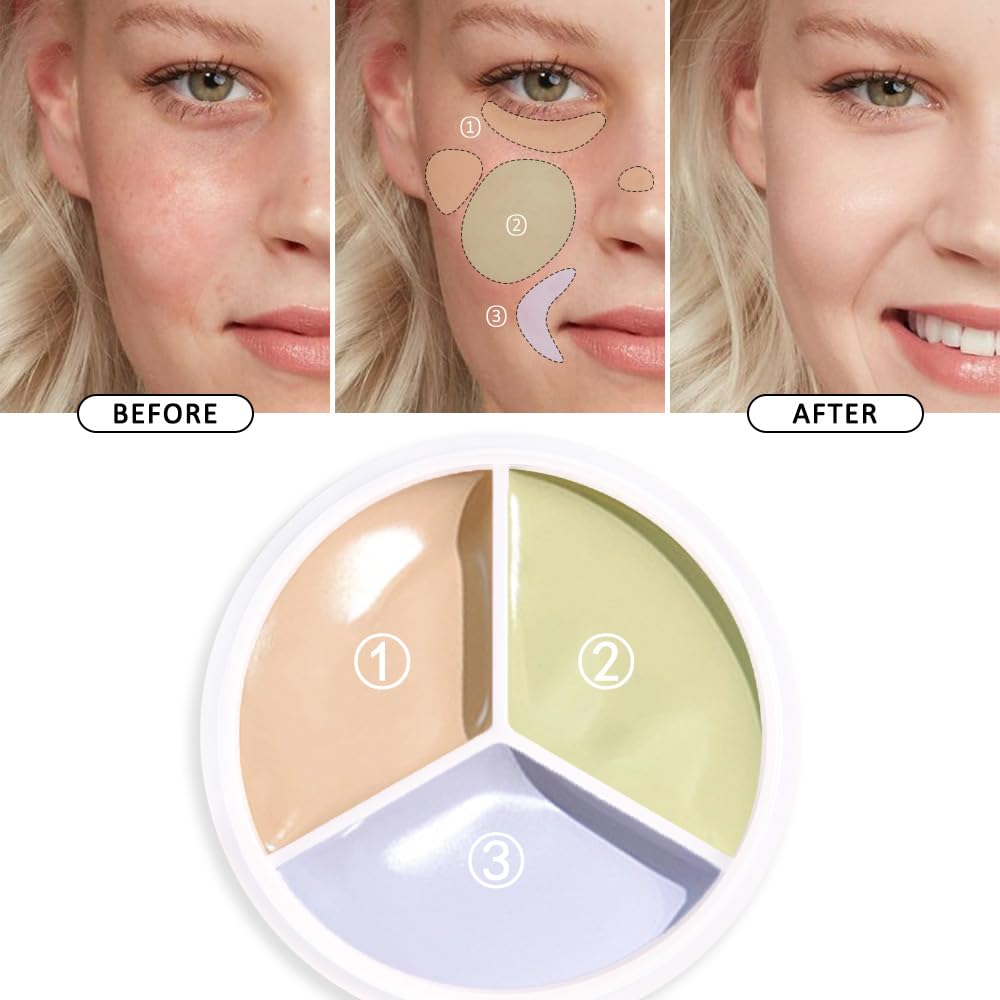 Kaely Tri Color Concealer Pot,Color Correcting Concealer for Dark Circles Spots,3 Color Cream Concealer Full Coverage,Foundation Contour Makeup Palettes,under Eye Brightener corrector de ojeras,02