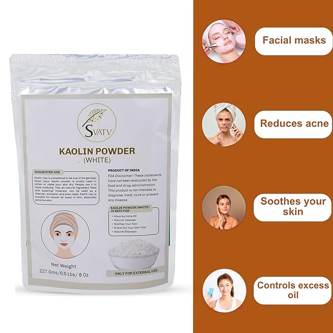 SVATV Kaolin White Clay Natural For Face Mask Bath Bomb Clay, Diy Spa Mud Mask For Soap Making 227g, Half Pound