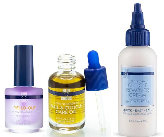 Blue Cross Ultimate Nail Care Bundle - 2oz Cuticle Remover + Softener Cream, 0.5oz Yello Out Yellow Neutralizing Basecoat + 0.5oz Nourishing Cuticle + Nail Oil, 3 Pack Bundle