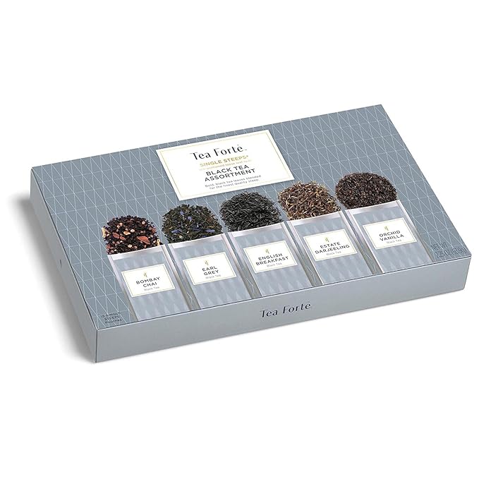Tea Forte Black Tea Assortment Single Steeps Loose Leaf Premium Tea Gift Set Sampler, 15 Count 3 of Each Assorted Blends, Pre-Portioned Single Serve Pouches, Steeps 12 oz