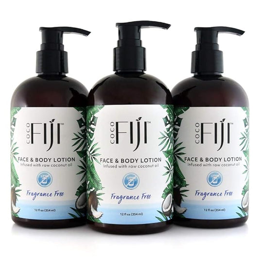 Coco Fiji Face & Body Lotion Infused With Coconut Oil | Lotion for Dry Skin | Moisturizer Face Cream & Massage Lotion for Women & Men | Fragrance Free 12 oz, Pack of 3