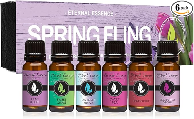 Eternal Essence Oils Spring Fling Set of 6 Premium Fragrance Oils - Includes Sweet Grass, Lilac & Lilies, Lavender Breeze, Sweet Pea, Honeysuckle and Enchanted Orchid Scented Oils - 10ML