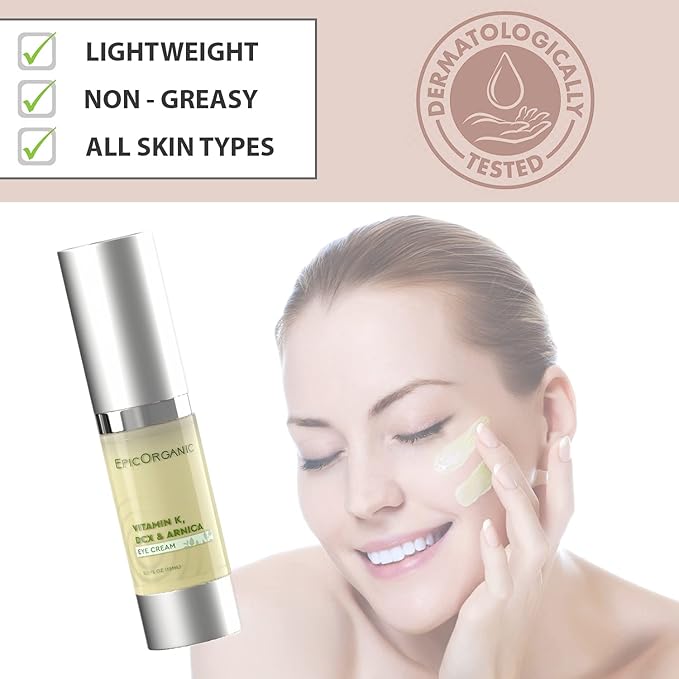 Epic Organic Eye Cream - Vitamin K & Arnica - Naturally Reduces Wrinkles, Under Eye Bags, Puffiness, Dark Circles & Fine Lines, Nourishes Around Eye Skin | 0.5oz