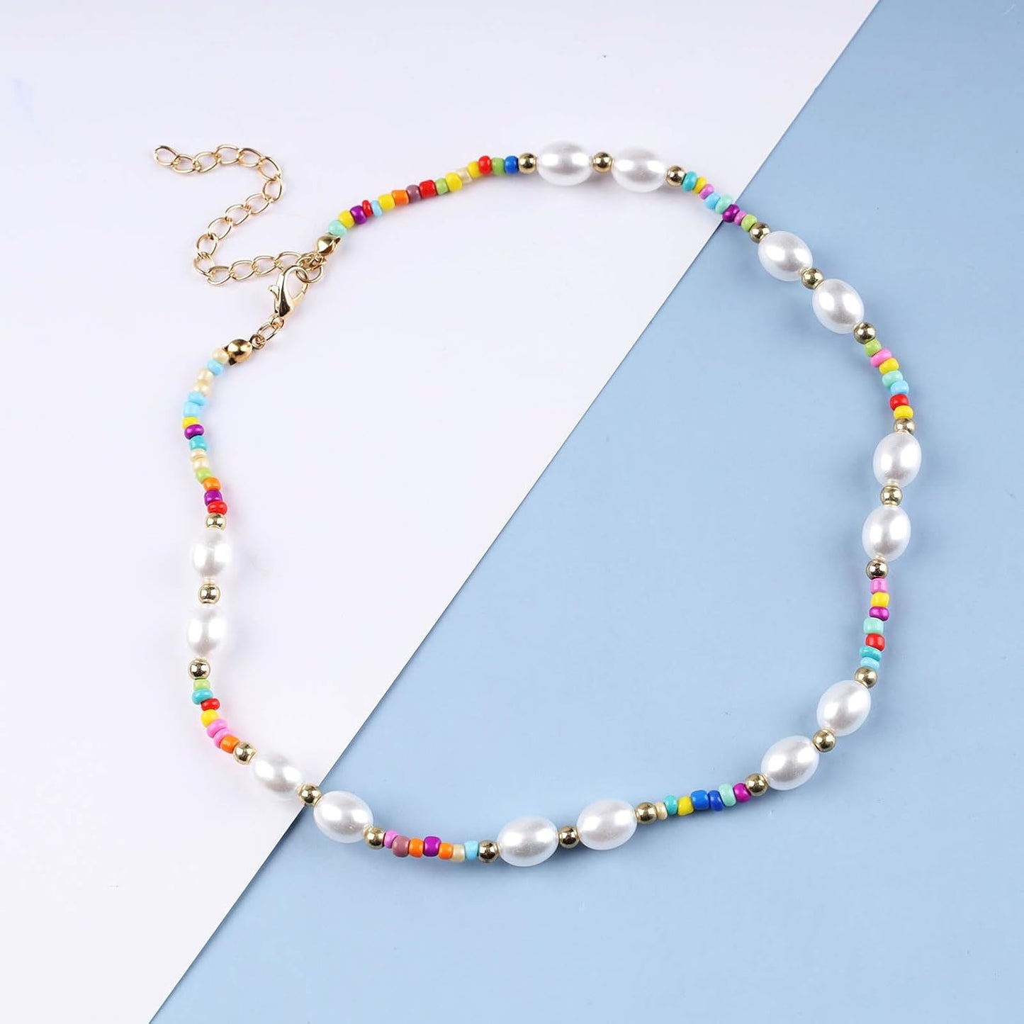 Boho Pearl Choker Necklace Vintage Blue Heishi Surfer Choker Imitation Pearl Necklace Chain Vinyl Seed Beads Necklace Summer Beach Bohemian Necklace Jewelry for Women and Girls