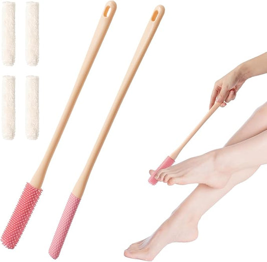 Shower Foot Scrubber Brush, 15.7" Toe Cleaning Brush with 4 Reusable Drying Covers, Long Handle Silicone Bristles Lotion Applicator, No Bending Down Skin Exfoliation Foot Scrub Brushes for Elderly