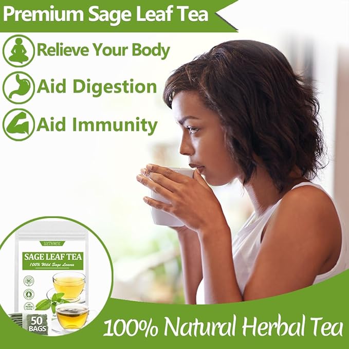 Premium 50 Sage Tea Bags, Made with 100% Natural Sage Leaves, No Additives & Caffeine Free.