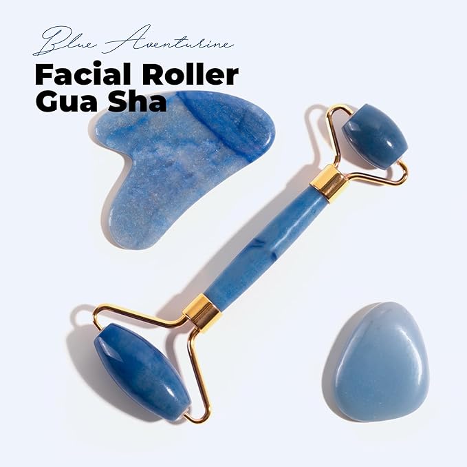 ROSELYNBOUTIQUE Gua Sha Facial Tools & Face Roller for Wrinkless Natural Skincare Tool Jade Roller Guasha Tool for Face Facial Massager (Blue Aventurine)