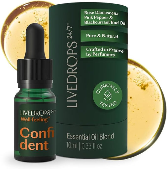LIVEDROPS 24/7 Confident Essential Oil Blend - Crafted in France - Rose Damascena, Pink Pepper & Blackcurrant Bud Oil. Pure & Natural - Apply Directly on Skin or in Diffuser - Clinically Tested