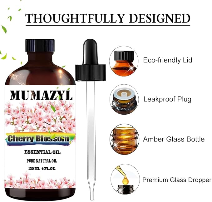 Cherry Blossom Essential Oil, Cherry Blossom Oil 4 Fl Oz 120ML for Diffuser Humidifier Yoga Cleaning DIY Candle Soap Making Essential Oils