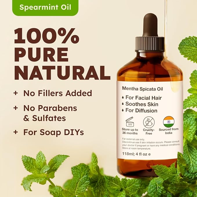Kukka Spearmint Essential Oil for Facial Hair & Skin Care - 4 Fl Oz, 100% Pure Natural Aromatherapy Oil for Mother's Day Gifts, Diffusers, Bath Bombs, Soaps & Candles - DIY & Soap Making