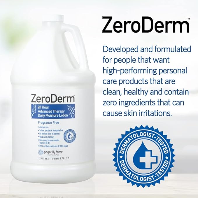 Ginger Lily Farms Botanicals ZeroDerm 24 Hour Advanced Therapy Daily Moisture Lotion, Allergen-Free, 100% Vegan & Cruelty-Free, Fragrance Free, 1 Gallon (128 fl. oz.) Refill