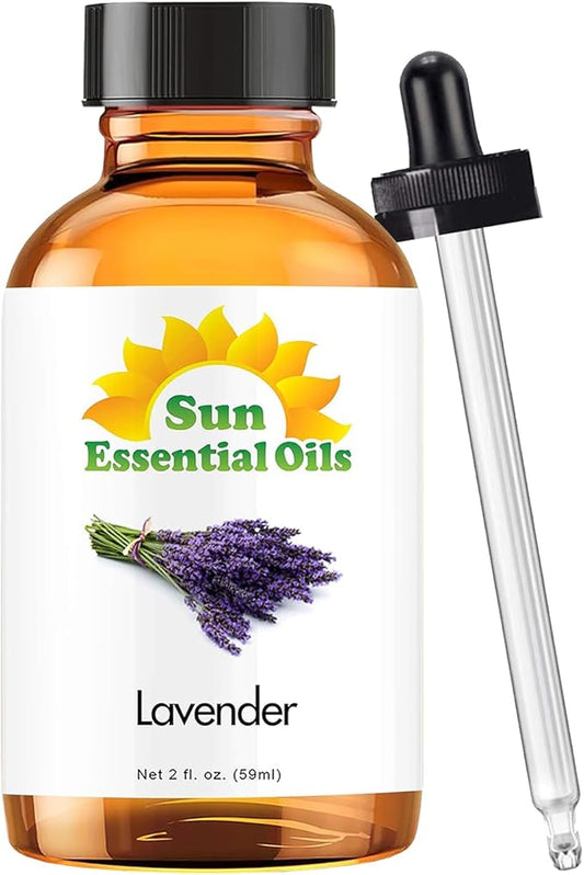 Sun Essential Oil - Lavender Essential Oil 2 oz (59 ml) for Diffuser, Humidifier, Skin, Aromatherapy Massage, Scented for Soap & Candle Making at Home, Calming Aroma for Sleep