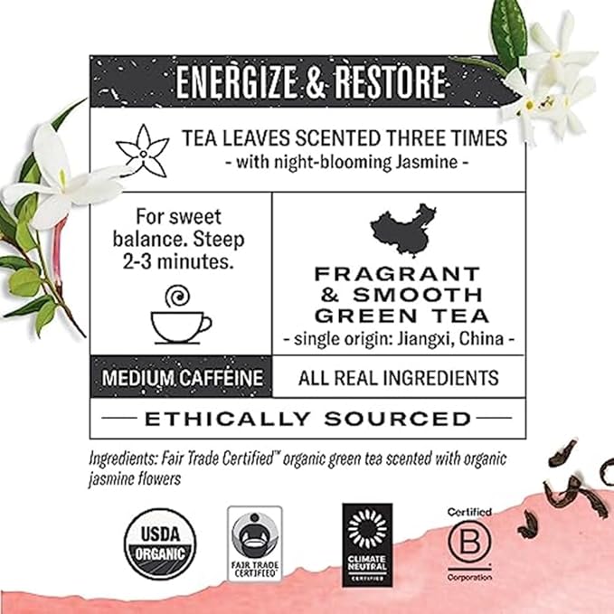 Numi Organic Jasmine Green Tea 18 Count (Pack of 3), Floral Green Tea, Caffeinated (Packaging May Vary)