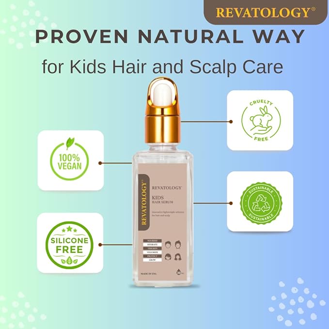 REVATOLOGY Kids Hair Serum (Made in USA) for Hair Thickness, Strength, Growth and Scalp Revitalization for straight, curly, waivy, coiled hair in toddlers, children, adults - chemical & cruelty free